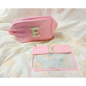 2pc Pink/Clear Zipper Makeup Bag Set, Nylon/Polyester, Letter E Patch